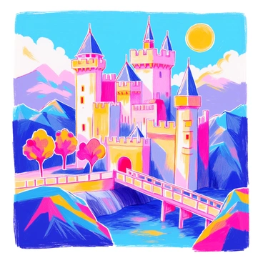 A medieval castle is depicted with towering walls and majestic turrets, constructed from low-poly shapes. The castle features a large central keep with a pointed roof, surrounded by smaller towers. The walls display a blocky texture, emphasizing the angular geometric forms. In front of the castle, a wooden drawbridge spans a simple low-poly moat. A few low-poly trees can be seen in the foreground, while a low-poly sun hangs in a clear blue sky above the structure.