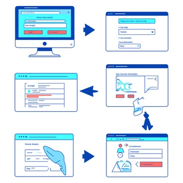 A duotone illustration depicts the steps of booking a trip on a travel website. The first panel shows a computer screen displaying a bright blue travel search engine homepage with a search bar. Below it, there are options for "flights," "hotels," and "car rentals" in bright orange buttons. The second panel illustrates a user typing in their destination in the search bar. In the third panel, the user is reviewing a list of flight options, with various airlines listed in teal text. The fourth panel displays the user selecting a flight, with a confirmation screen appearing in the background. Finally, the last panel captures the user filling out personal information and payment details in bright orange fields on the screen. Each panel is clearly organized to convey a step-by-step process.