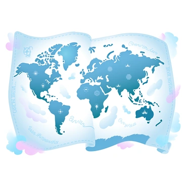 A detailed illustration of a mythical world map is spread across the scene. The map features various landscapes, including towering mountains, dense forests, and vast oceans. Several islands are dotted throughout the oceans, each with unique shapes and characteristics. Major cities are marked with intricate symbols, showcasing their prominence in this world. Rivers meander through the land, connecting different regions, and mythical creatures are drawn in the margins of the map. The edges of the map are adorned with ornate designs and a compass rose that guides the way across this fantastical realm.