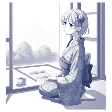 An anime character dressed in a traditional kimono is seated gracefully by a window. The kimono features intricate patterns and flowing fabric, enhancing the character's elegance. The character's hair is styled in a classic manner, with a decorative hairpiece adding a touch of charm. The window offers a view of a serene garden outside, with soft shadows cast on the floor from the sunlight filtering through the glass. The character has a gentle expression, reflecting a moment of tranquility and introspection. A small tea set is placed on a nearby table, suggesting an atmosphere of peace and solitude.