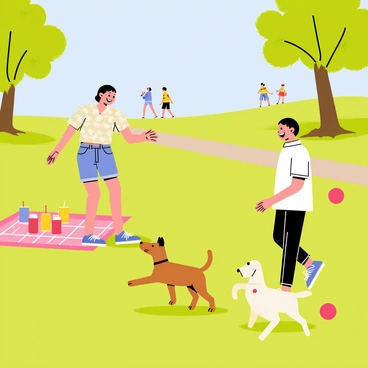 A sunny park scene with a lush green lawn and a clear blue sky. In the foreground, two friends are laughing and playing with their dogs. One friend has a medium-sized brown dog with floppy ears, while the other has a small, energetic white dog with a wagging tail. The dogs are chasing a bright red ball that is bouncing across the grass. Surrounding them are a few colorful picnic blankets with snacks and drinks. In the background, there are trees providing shade and a walking path where other park-goers can be seen enjoying their day.