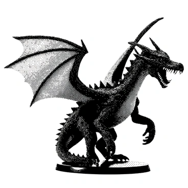 An action figure of a dragon is positioned prominently. The dragon has extensive wings that are fully extended, showcasing their impressive size. Its body is covered in detailed scales, each scale reflecting intricate textures that enhance its overall appearance. The dragon's fierce expression is captured, with sharp eyes and a slightly open mouth revealing pointed teeth. The figure stands on a flat surface, highlighting its powerful stance.