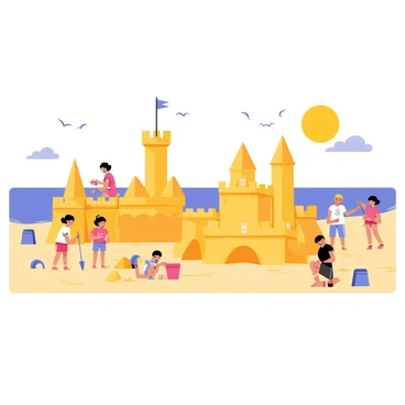 A sandy beach scene filled with children and adults engaged in building elaborate sandcastles. The sandcastles vary in size, some with tall towers and intricate walls, while others are more modest structures. Children are using colorful plastic buckets and shovels, laughing and working together. Adults are also participating, kneeling beside their creations and adding detailed features like moats and flags. The sun is shining brightly in a clear blue sky, and the ocean waves are gently crashing in the background. Seagulls can be seen flying overhead, adding to the lively beach atmosphere.