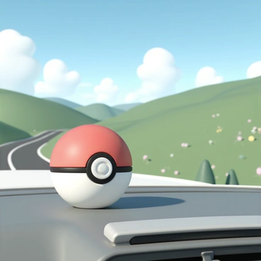 A red and white "Poké Ball" sitting prominently on the dashboard of a car. The dashboard is gray with silver accents, and the windshield offers a clear view of the outside scenery. In the background, rolling green hills stretch under a blue sky dotted with fluffy white clouds. A winding road can be seen leading into the distance, with patches of wildflowers along the roadside. The sunlight casts soft shadows, highlighting the details of the "Poké Ball" and the vibrant colors of the landscape.