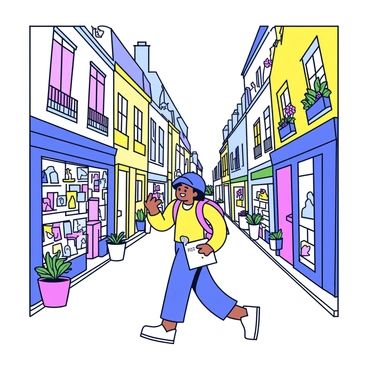 A small tourist with a backpack is walking down a narrow, cobblestone street in Paris. The scene includes quaint boutiques with colorful storefronts displaying unique items and art shops filled with paintings and sculptures. The tourist has a map in hand and a curious expression, looking around with excitement. Potted plants and flowers adorn the windowsills of the shops, adding charm to the street. A light breeze gently rustles the leaves of nearby trees.