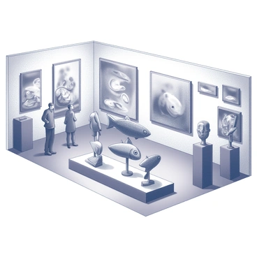 An art gallery interior featuring an array of paintings and sculptures. The walls are adorned with various artworks depicting sardines, some in abstract forms, while others are realistic representations. In the center of the room, a large sculpture resembling a school of sardines is displayed, crafted from metal and positioned to give the impression of movement. Various smaller sculptures are arranged on pedestals throughout the gallery, each representing different interpretations of sardines. The lighting is focused on the artworks, highlighting their textures and details. Visitors can be seen observing the pieces, engaging in quiet conversation about the art.