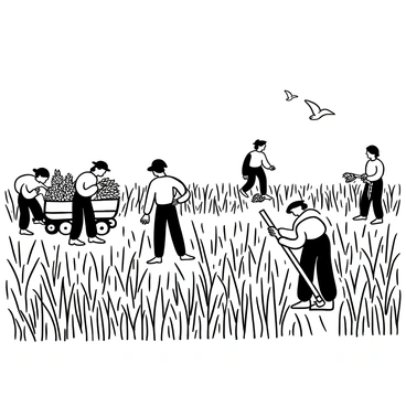 Farmers, dressed in traditional attire, are bending over in a vast field of wheat, gathering the golden stalks with sickles. The sun casts long shadows over the field, highlighting the texture of the ripe wheat. Nearby, a wooden cart sits filled with bundles of harvested wheat, while a few more farmers work diligently in the background. Birds can be seen flying overhead, adding a sense of life to the scene. The clear sky above completes the atmosphere of a busy harvest day.