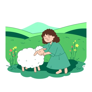 A teal hobbit with curly brown hair is gently petting a white fluffy sheep in a green field. The sheep is standing peacefully with its eyes closed, enjoying the gentle touch. In the background, there are rolling hills covered in vibrant green grass. A few wildflowers in yellow and orange are scattered throughout the field, adding more color to the scene. The sky above is clear and bright, enhancing the tranquil atmosphere of the landscape.