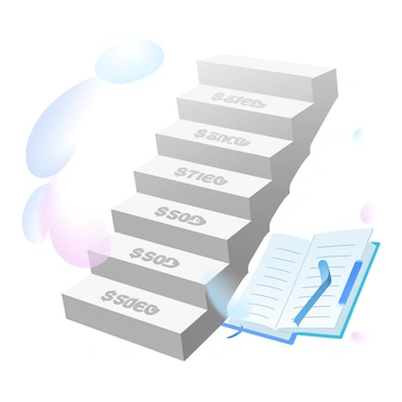 A staircase with each step marked by a different dollar amount, depicting a savings challenge. Each step has a clear, bold number representing the savings goal. The staircase is made of sleek, polished wood with a light sheen. The background features soft gradient pastel colors, enhancing the visual appeal of the staircase. To the side of the staircase, a large, open notebook is placed, featuring notes on saving strategies and progress tracking. The scene conveys a sense of motivation and financial planning.
