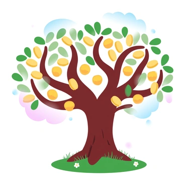 A large tree with a sturdy trunk and expansive branches is depicted. The branches are adorned with numerous golden coins that replace the leaves, glistening in a warm light. The ground beneath the tree is covered with lush green grass, and small flowers dot the landscape around the base. In the background, a soft gradient of pastel colors transitions from light blue at the top to soft pink and yellow towards the horizon, enhancing the scene's vibrant atmosphere.