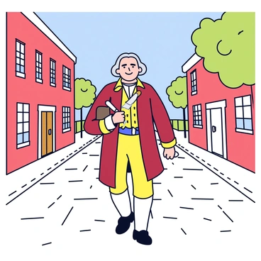 A man resembling Benjamin Franklin is walking down a cobblestone street. He is dressed in 18th-century clothing, featuring a long coat, waistcoat, and breeches. He carries a small satchel and is holding a quill in one hand. The street is lined with colonial-style buildings with wooden shutters and brick facades. A few trees are visible along the edges of the street, and a clear blue sky is above.