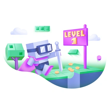 A pixel art video game character with a blocky design is navigating a DOS-style game world. The character is wearing a simple outfit with oversized glasses and a pixelated sword. Surrounding the character are various pixelated elements, including trees with square leaves, colorful coins scattered on the ground, and a large, retro-style sign that reads "Level 1." The background features a grid-like floor and a few floating platforms, all designed in the classic pixel art style.