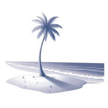 A lone palm tree stands upright on a small, sandy island. The trunk of the palm is tall and slender, with arching fronds that fan out at the top. The island is surrounded by endless ocean waves that crash gently against the shore, creating a frothy white line along the beach. The water extends to the horizon, where it meets a clear sky, devoid of any clouds. The island's surface is dotted with small patches of dry grass and scattered pebbles, emphasizing its isolation in the vast sea.