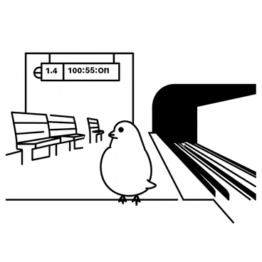 A single pigeon is perched on the edge of an empty subway platform. The platform is made of concrete, with lines and textures visible in the surface. The pigeon has a round body and is facing forward, featuring a small beak and slightly puffed chest. Behind the pigeon, there are empty benches along the platform and an overhead sign displaying the subway line information. The tracks are visible in the background, extending into a dark tunnel. The scene conveys a sense of isolation in an urban environment.
