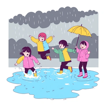 A group of children wearing colorful raincoats and rubber boots are joyfully splashing in large puddles during a heavy monsoon rain. The sky is filled with dark gray clouds, and heavy raindrops are falling, creating ripples in the water. One child is jumping high with both feet off the ground, while another is bending down to splash water with their hands. A bright yellow umbrella is opened nearby, with one child holding it to shield themselves from the rain. The ground is covered in shiny water, reflecting the vibrant colors of the children's clothing.