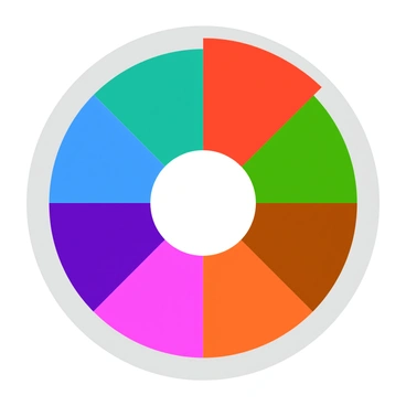 A circular color wheel divided into eight equal sections, each displaying a different color. One-eighth of the wheel is prominently highlighted in "vibrant red," while the other sections include shades of blue, yellow, green, orange, purple, pink, and brown. The sections are clearly defined with bold lines separating them. The entire wheel is set against a plain white background to enhance visibility.