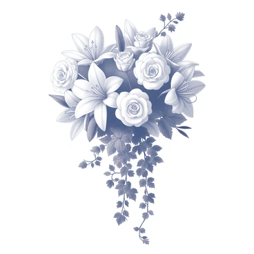 A cascading wedding bouquet filled with a variety of long-stemmed flowers, such as roses and lilies. The bouquet features trailing ivy that gracefully weaves through the arrangement, adding a lush and natural element. The flowers are arranged in a downward flow, creating a dramatic and elegant silhouette. The overall composition presents a harmonious blend of floral beauty and greenery, designed for a special wedding occasion.