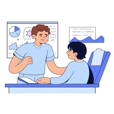 A healthcare worker with short brown hair wearing a light blue scrubs uniform. The worker is smiling and leaning slightly forward, showing engagement. In front of the worker is a patient sitting on an examination table, with short dark hair and wearing a hospital gown. The patient looks attentively at the worker. In the background, there are charts and graphs depicting research findings on the wall. A clipboard rests on the table next to the patient.