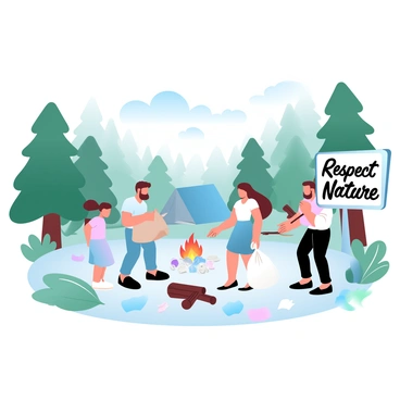 A family is gathered in a forest, actively cleaning up trash around their campsite. The parents are holding large trash bags and picking up litter from the ground, while two children are collecting items nearby. The forest is lush with tall trees and greenery surrounding them. Various types of trash are scattered on the forest floor, contrasting against the natural elements. In the background, a small tent is set up, and a campfire can be seen with a few logs arranged around it. A message written in large letters "Respect Nature" is displayed prominently on a nearby signpost.