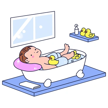 A small, cushioned tub filled with warm water is positioned on a tidy bathroom surface. A newborn baby, with soft, delicate skin, is gently lying in the tub, surrounded by a few colorful rubber ducks floating nearby. The baby's hair is wet and slicked down, and small bubbles are visible on the surface of the water. A caregiver is carefully holding the baby's head, ensuring support and safety. A soft washcloth lies beside the tub, ready for use. Light from a nearby window casts a gentle glow, enhancing the comforting atmosphere.