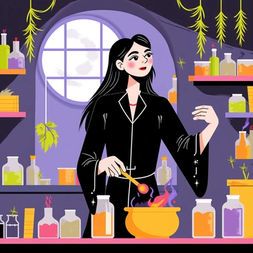 A witch with long flowing black hair is brewing potions in a cluttered laboratory. She is wearing a dark robe adorned with silver stars. The laboratory is filled with various strange ingredients, such as colorful jars containing glowing powders and eerie dried herbs hanging from the wooden beams. A bubbling cauldron sits on a fire, emitting wisps of purple smoke. Shelves are lined with old, dusty books and peculiar tools. A large window lets in moonlight, casting shadows across the room as the witch stirs her potion with a wooden spoon. The atmosphere is vibrant with magical energy.