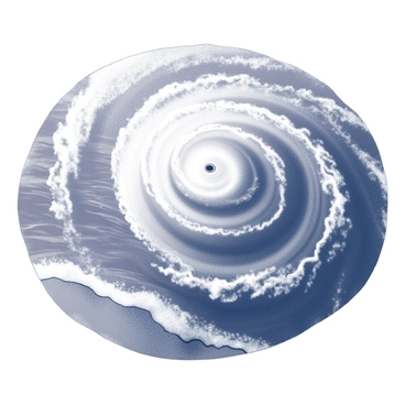 Aerial view of a large swirling hurricane. The image captures the distinct eye of the storm at the center, surrounded by tightly coiled bands of clouds that extend outward. The turbulence of the winds is evident in the texture of the cloud formations. The coastline is visible in the lower part of the image, with waves crashing against the shore, suggesting an impending storm. The ocean surrounding the hurricane appears tumultuous, with varying patterns of movement against the stark contrast of the calm eye.