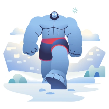 A lone titan with muscular build and icy blue skin is trudging through a snowy landscape. The titan is towering over the surrounding snow-covered hills, with large snowflakes gently falling around him. His eyes are glowing a bright white, contrasting with the muted colors of the frozen terrain. The ground is blanketed in thick, untouched snow, and the titan's heavy footsteps are leaving deep impressions in the powdery surface. In the background, there are distant mountains capped with snow, partially obscured by swirling snow clouds.