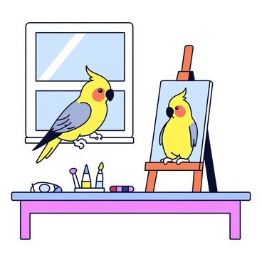 A cockatiel with gray and yellow plumage is perched on a wooden easel. In front of the cockatiel is a small canvas that displays a colorful self-portrait of the bird, showcasing its vibrant feathers and expressive features. The window behind the easel allows soft light to stream in, illuminating the scene and creating a warm atmosphere. A few art supplies, including paintbrushes and a palette of colors, are scattered on the table beside the easel.