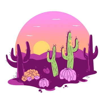 A duotone illustration of a sunset in the desert. The sky transitions from a deep orange near the horizon to a soft pink higher up. In the foreground, there are several colorful cacti with distinct shapes and sizes, their silhouettes prominently featured against the vibrant sky. The cacti are outlined sharply, creating a striking contrast as the last rays of sunlight illuminate their spines and textures. The desert sands are visible at the base of the cacti, adding depth to the scene.