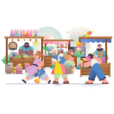 A bustling medieval market with vendors selling goods and crafts