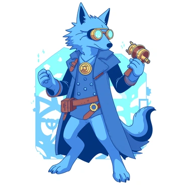 A blue werewolf stands in a dynamic pose, wearing an intricate steampunk outfit adorned with various brass gears and metallic embellishments. The werewolf's face is partially hidden behind a pair of large brass goggles, reflecting a nearby light source. The outfit features a long, flowing coat with leather straps and copper accents, complementing the creature's fur. In one hand, the werewolf holds a mechanical device, showcasing its detailed craftsmanship, while the other hand is raised as if ready for action. The background is filled with faint silhouettes of cogs and machinery, enhancing the steampunk aesthetic.