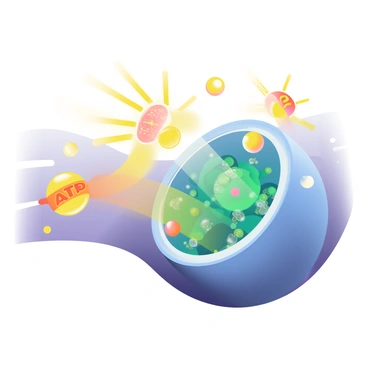A close-up view of a cell membrane with a vibrant blue and green structure. The cell is depicted with a textured surface highlighting various organelles inside. Energizing waves of bright yellow and orange ATP molecules are flowing towards the cell. Small, glowing spheres representing energy particles surround the ATP, creating a dynamic effect of recharging. The background has a gradient effect transitioning from dark purple at the edges to a lighter shade towards the center, emphasizing the energy flow into the cell.