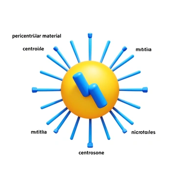 A labeled diagram of the centrosome. The centrosome is represented in the center, with two centrioles depicted as cylindrical structures arranged perpendicular to each other. Surrounding the centrioles, there are radiating microtubules illustrated in a semi-transparent manner. Each component is clearly labeled, including "centriole," "pericentriolar material," and "microtubules." The structure is shown in a 3D view to emphasize depth and spatial arrangement.