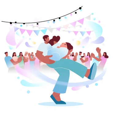 A parent is joyfully dancing at a vibrant festival, wearing colorful clothing that reflects the lively atmosphere. The parent is carrying a baby snugly wrapped in a soft fabric wrap, showcasing the baby's small feet peeking out. Surrounding them are decorations including bright banners and balloons in a variety of colors. A crowd of people can be seen in the background, some clapping and others dancing, adding to the energetic vibe of the scene. Strings of lights are illuminated overhead, creating a festive ambiance.