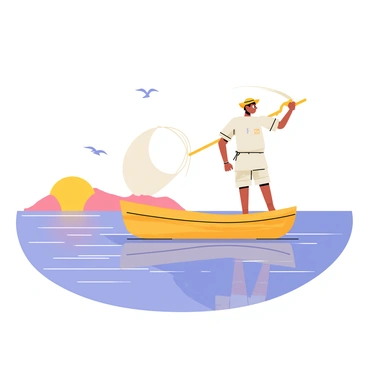 An Indian fisherman wearing a traditional white kurta and a straw hat is standing in a small wooden boat. The boat is gently bobbing on the calm ocean waters, reflecting soft hues of orange and pink from the dawn sky. The fisherman is casting a large, circular net into the water, with ripples spreading outward. In the background, faint silhouettes of distant hills can be seen, and a few seagulls are flying overhead. The scene captures the quiet moment of early morning, with the sun just beginning to rise on the horizon.