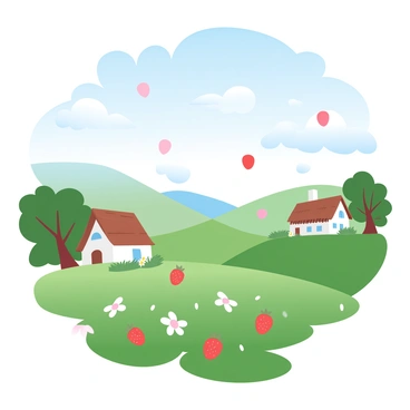A picturesque countryside landscape is filled with lush green fields and rolling hills. Small, vibrant red strawberries are cascading from a clear blue sky, resembling rain. The strawberries are scattered throughout the scene, landing gently on the grass and forming small piles. In the background, a quaint farmhouse is visible, with a thatched roof and blooming flowers surrounding it. Fluffy white clouds drift across the sky, adding to the whimsical atmosphere.