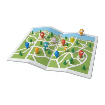 A detailed tourist map laid out in a flat perspective, showcasing various attractions and landmarks. The map features colorful, clickable icons representing different points of interest, such as "museums", "parks", and "restaurants". Each icon is distinct and easily identifiable, enhancing the interactive experience. The background of the map includes well-marked streets, green areas, and water bodies, creating a comprehensive overview of the area. The overall design is organized, vibrant, and user-friendly, inviting viewers to explore the attractions.