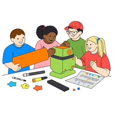 A group of four children, two boys and two girls, are gathered around a table, enthusiastically assembling a colorful robot. The boy on the left has short brown hair and is wearing a bright blue t-shirt. He is holding a large orange piece, ready to attach it to the robot's body. The girl next to him has curly black hair and is wearing a pink dress. She is carefully connecting a green leg to the base of the robot. The second boy has glasses and is wearing a red baseball cap, and he is looking at the instructions with a big smile. The girl on the right has straight blonde hair in pigtails and is painting a face on the robot with a yellow paintbrush. Tools and robot parts are scattered across the table, and there are colorful stickers featuring stars and lightning bolts nearby. The children's faces are filled with excitement as they work together on their project.