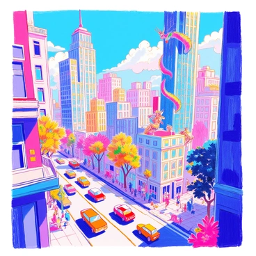 A bustling cityscape is depicted with towering skyscrapers made of glass and steel. There are busy streets filled with cars and pedestrians. Among the buildings, hidden mythical creatures can be spotted, such as a dragon curling around a skyscraper, its scales shimmering in the sunlight. A griffin perches on a ledge, watching the city below with keen eyes. In the shadows of an alley, a small unicorn peeks out, its mane flowing with colors. The sky is bright blue with a few fluffy clouds. There are trees and plants lining the streets, adding greenery to the urban environment.