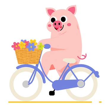A cartoon-style illustration of a pig face with large, cheerful eyes and a big smile, sitting on a colorful bicycle. The bicycle is blue with white wheels and a shiny chrome bell. At the front, there is a woven basket overflowing with vibrant flowers in various colors, including red, yellow, and purple. The scene captures the joy of the pig face as it rides along a sunny path.