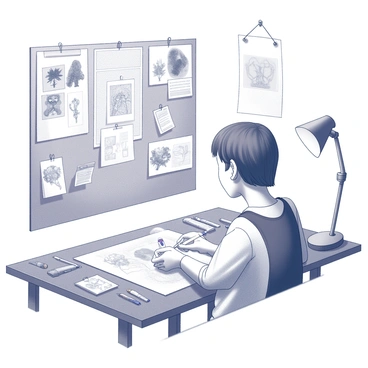 An artist is focused on their work, adjusting elements of an illustration on a drawing table. They hold a pencil in one hand while examining a sketch with the other. The artist is surrounded by various sketches pinned to the wall, showcasing different concepts and ideas. A range of art supplies is scattered across the table, including pencils, erasers, and colored markers. The environment is filled with crumpled paper and reference images, reflecting the creative process. A light source from a nearby lamp casts shadows, enhancing the details of the workspace.