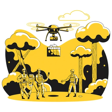 A drone hovering above a dense jungle canopy, with a mix of tall, leafy trees and thick underbrush visible below. The drone has a sleek black and yellow design and is equipped with a cargo compartment filled with supplies. Several soldiers are positioned in a clearing, wearing camouflage uniforms and tactical gear, looking up at the drone as it descends to deliver the supplies. In the background, the lush greenery of the jungle stretches towards the horizon, with the sounds of nature surrounding the scene.