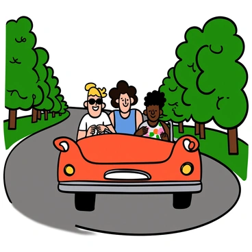 A nostalgic scene featuring three friends inside a vintage convertible car driving down a scenic road. The car has a bright red exterior with chrome accents, and the friends are laughing and enjoying the ride. One friend has light skin and short blonde hair, wearing sunglasses and a white t-shirt. The second friend has medium skin and curly hair, wearing a blue tank top. The third friend has dark skin and straight hair, wearing a floral shirt. Lush green trees line the sides of the winding road, with sunlight filtering through the leaves, creating a warm and inviting atmosphere. The open road stretches ahead, hinting at adventure.