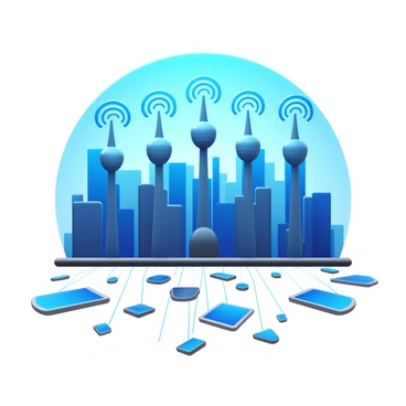 A city skyline with tall buildings under a clear blue sky. Five 5G towers are positioned throughout the skyline, each tower displaying a sleek modern design. The towers emit visible waves in a gradient of blue, signifying connectivity. Various smart devices, such as smartphones, tablets, and smart home appliances, are scattered throughout the scene, showing lines of connection to the 5G towers. The overall perspective provides a sense of a thriving urban environment enhanced by technology.