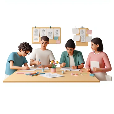A small group of three aspiring illustrators is gathered around a large wooden table in a well-lit studio. One of the illustrators, a woman with short curly hair, wearing a blue t-shirt and glasses, is concentrating on sketching a still-life setup with a vase and flowers in front of her. Next to her, a man with a black beanie and a green plaid shirt is experimenting with different shading techniques on his sketchbook. The third illustrator, a young woman with long straight hair, wearing a red sweater, is observing the others while jotting down notes on her notepad. Various art supplies, including pencils, colored markers, and erasers, are scattered across the table, while several finished sketches are pinned on a corkboard in the background.