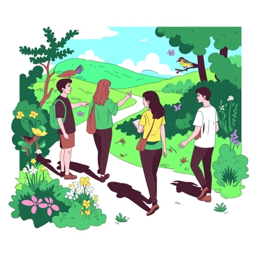 A group of six people is engaged in a guided nature walk along a winding scenic trail surrounded by lush greenery. They are walking on a path lined with vibrant wildflowers, with some trees casting playful shadows on the ground. One person is pointing toward a colorful bird perched on a branch, while another is taking notes in a small notebook. In the background, a variety of wildlife can be seen, including a deer peeking out from behind the bushes and butterflies fluttering around the flowers. The atmosphere is lively with the sounds of nature, and sunlight filters through the leaves, creating a beautiful interplay of light and shadow.