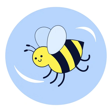A small bee with black and yellow striped body is positioned mid-air, attempting to fly. Its wings are flapping rapidly, and the bee's legs are extended as if fighting against a strong gust of wind. The background is a simple blue sky, with subtle swirls indicating the direction of the wind. The bee's facial expression shows determination as it battles against the force pushing it backwards.