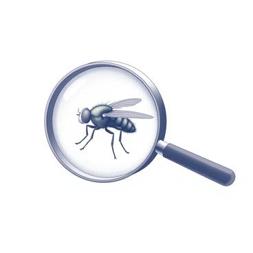 A fly positioned centrally within the frame. The fly is shown in detailed view, with its wings spread and body elongated. The magnifying glass is placed over the fly, emphasizing its texture and minute features. Fine hairs on the fly's body and the delicate structure of its wings are clearly visible. The glass distorts and enlarges the image slightly, creating a sense of depth around the fly. Surrounding the magnifying glass, there is a simple background that does not detract from the focus on the fly and magnifying glass.