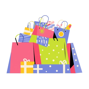 A colorful pile of shopping bags stacked haphazardly, showcasing various vibrant colors such as red, blue, green, and yellow. Each shopping bag is adorned with patterns including stripes and polka dots. Some bags are slightly open, revealing glimpses of items inside, such as clothing, electronics, and toys. The scene captures a festive atmosphere, with a few small gift boxes placed around the base of the bags, all of which symbolize the excitement of Black Friday shopping.