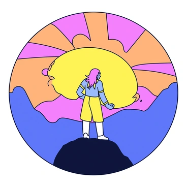 A figure representing Shiva stands majestically on a mountaintop, gazing towards the horizon. The sky is painted with vibrant hues of orange, pink, and gold as the sun rises. The surrounding mountains are silhouetted against the brightening sky, creating a dramatic backdrop. Shiva is depicted with flowing hair and serene features, his silhouette adorned with traditional adornments. The scene captures the peaceful yet powerful moment of witnessing the sunrise.